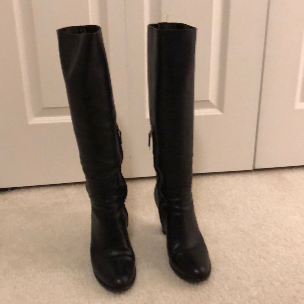 Fendi black leather knee high block heel boot 10